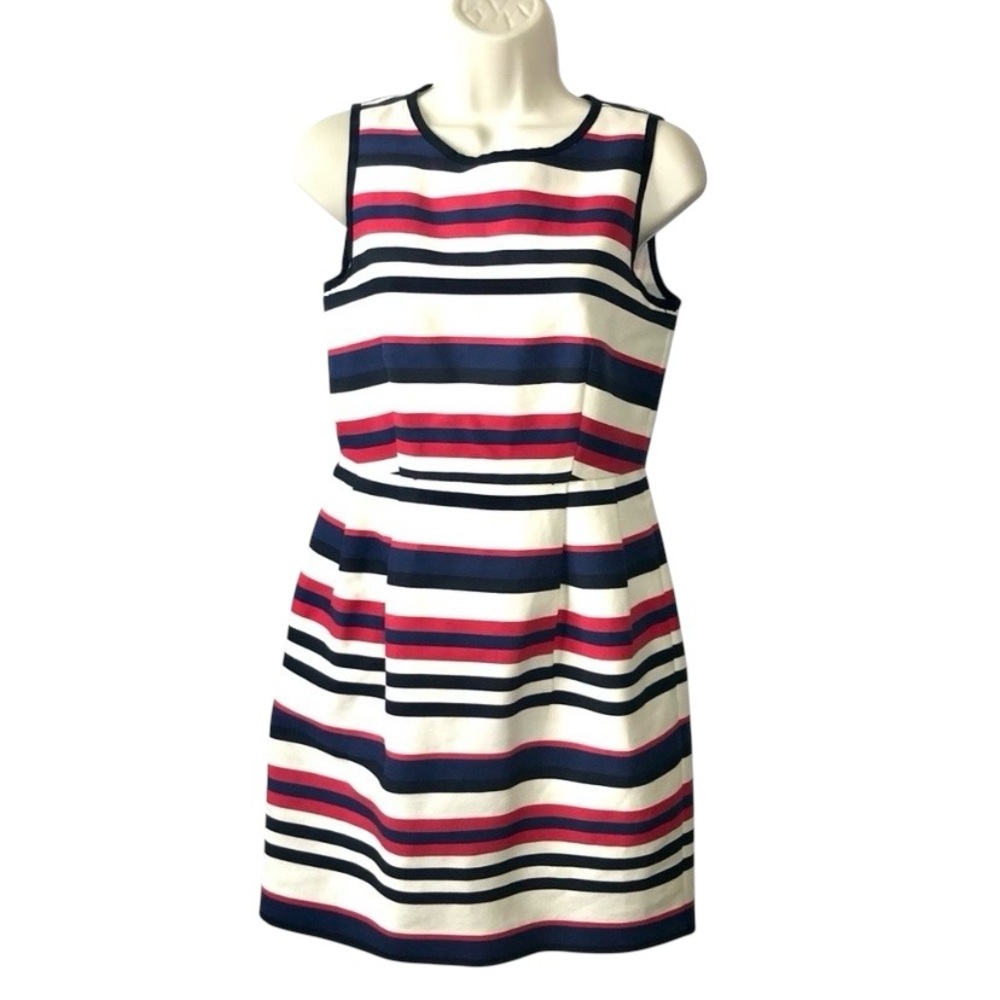 J Crew Factory Stripe Dress Size 0 Fit Flare Nautical Red Blue White Pockets